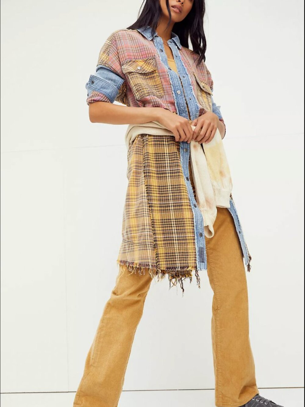 We The Free Multi‑Color Plaid & Denim Mix Long Shirt Jacket